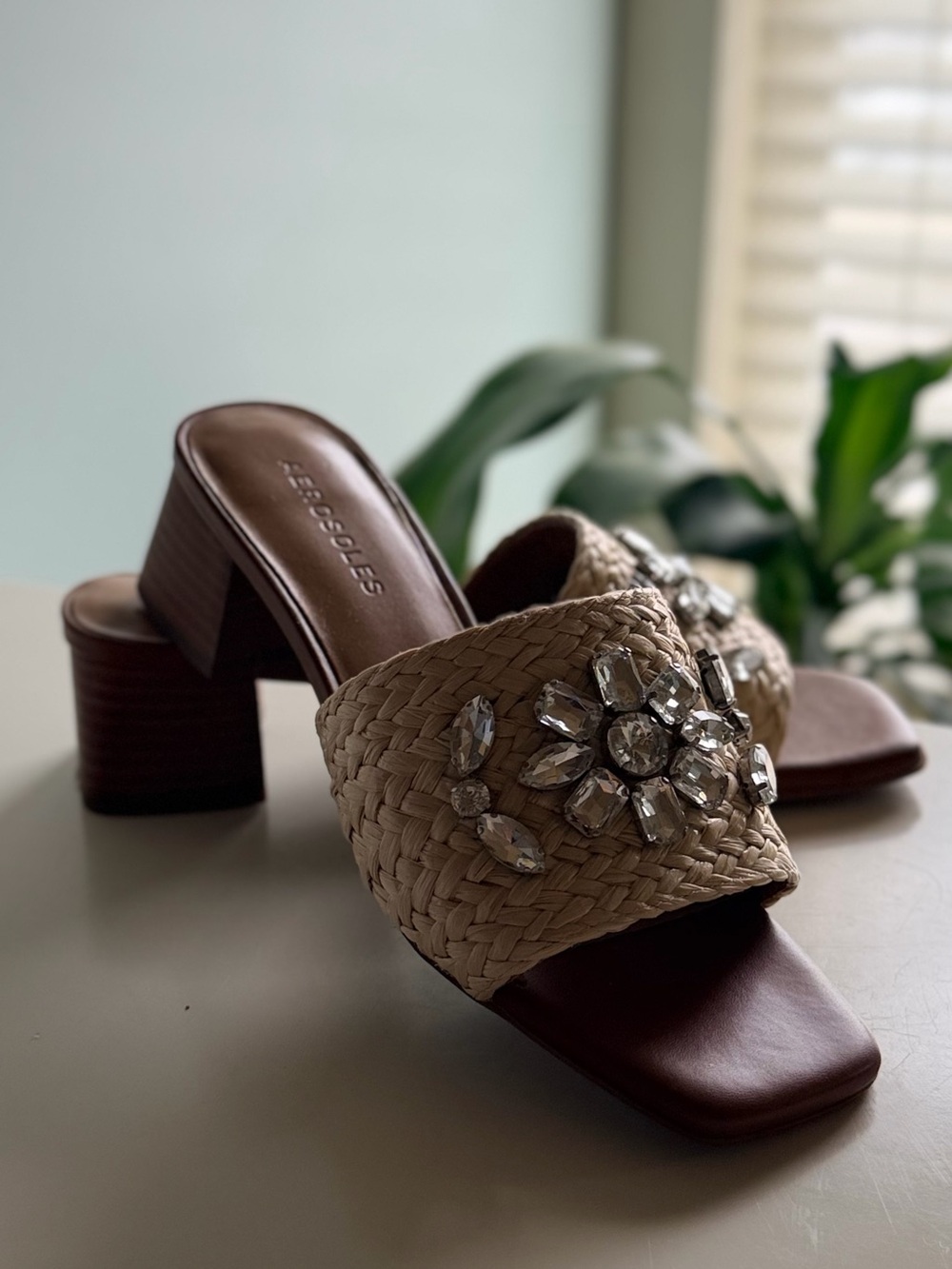AEROSOLES Raffia Slide Mules with Crystal Floral Accent in Natural and Brown